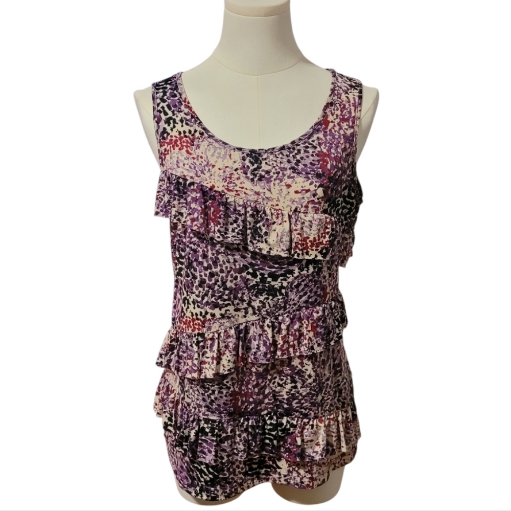 Vintage Van Heusen Purple Black Silky Smooth Ruffled Tank Top Blouse Size Medium